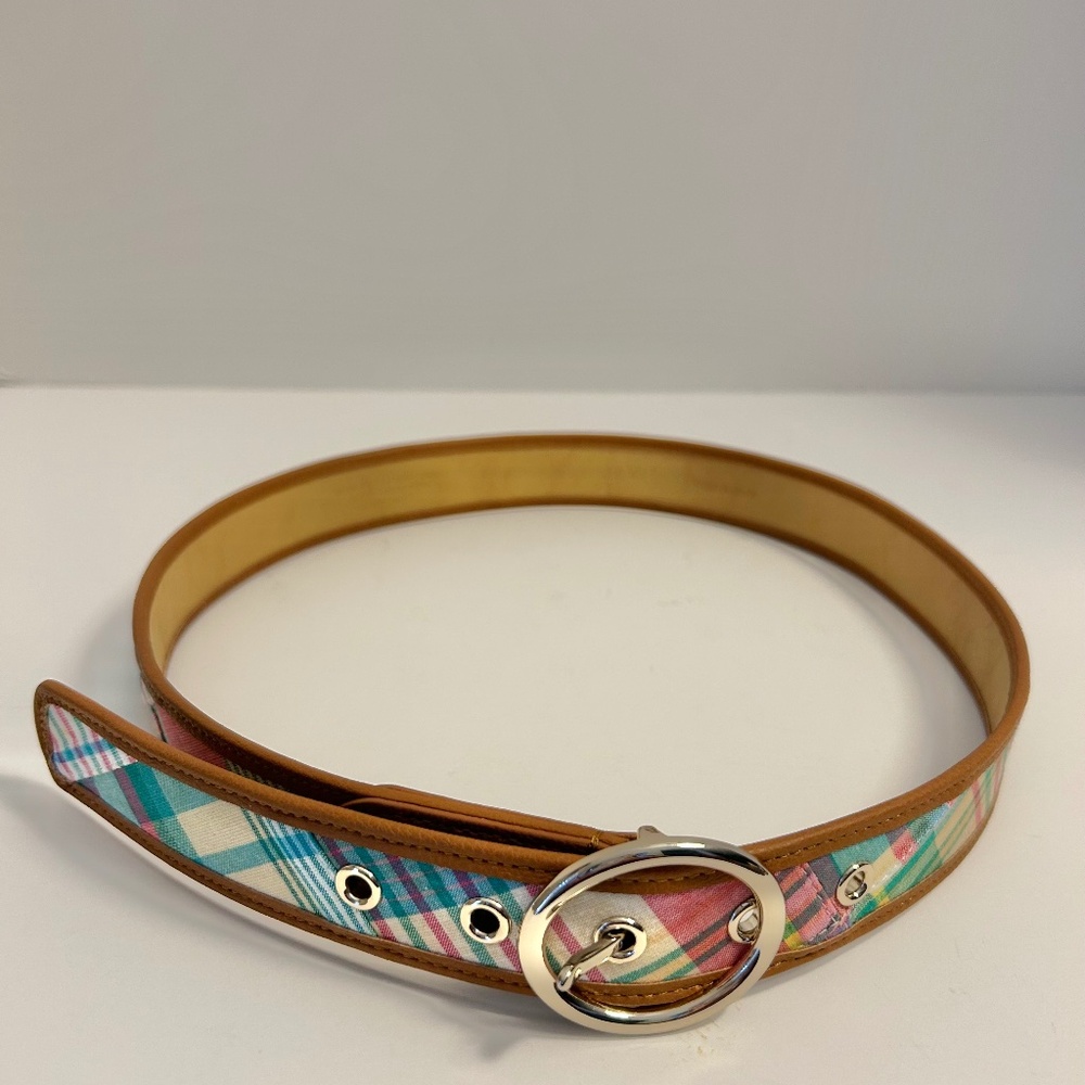 Talbots Madras Blue/Green/Pink/Yellow Plaid Belt Size XS Spring!